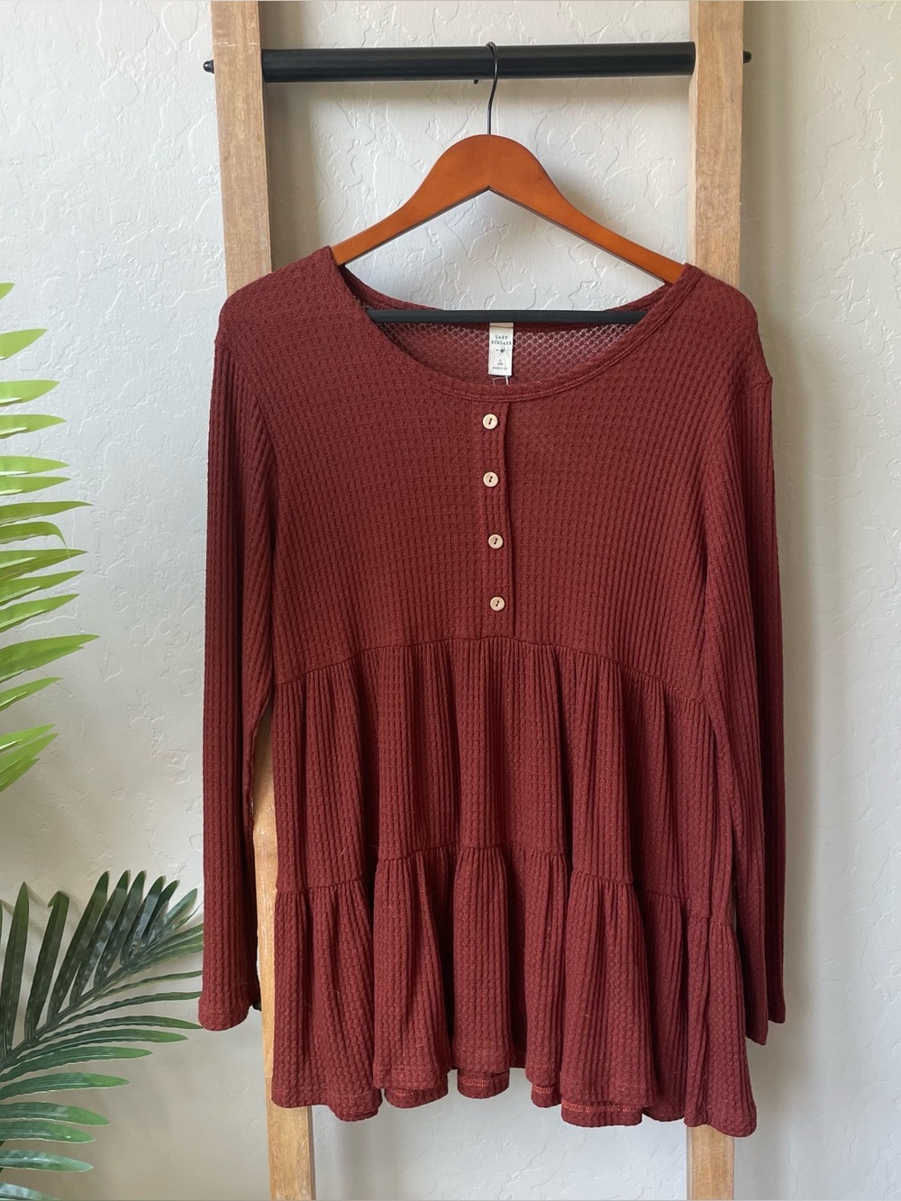NWT Waffle-Knit Tiered Henley Tunic in Rust